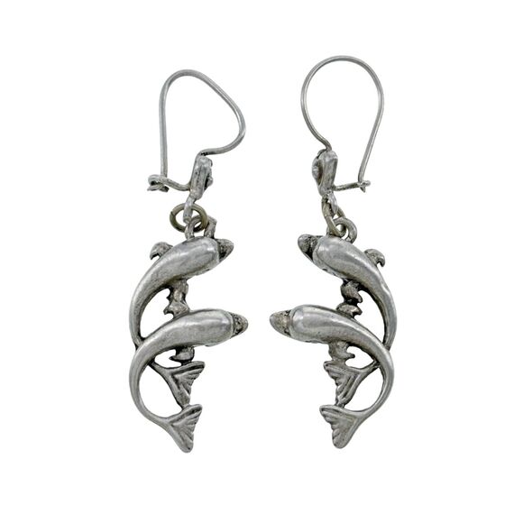 Vintage Sterling Silver 925 Dolphins Swimming Dangle Earrings - Picture 1 of 5